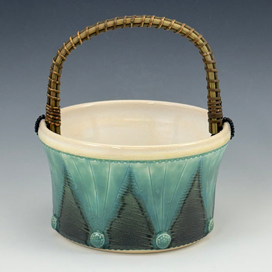 Dark Green Basket with Cane Handle